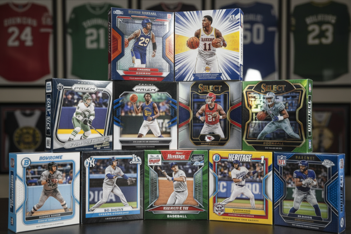 a bunch of sports card boxes togther
